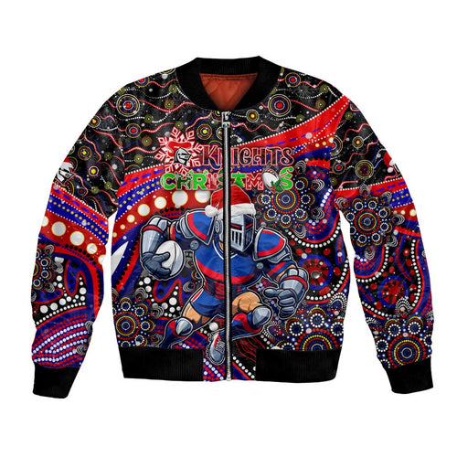 Merry Christmas Newcastle Knights Bomber Jacket Aboriginal Santa Rugby Mascot - Novocastrians