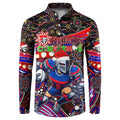 Merry Christmas Newcastle Knights Button Sweatshirt Aboriginal Santa Rugby Mascot - Novocastrians