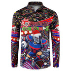 Merry Christmas Newcastle Knights Button Sweatshirt Aboriginal Santa Rugby Mascot - Novocastrians