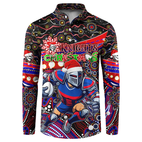 Merry Christmas Newcastle Knights Button Sweatshirt Aboriginal Santa Rugby Mascot - Novocastrians
