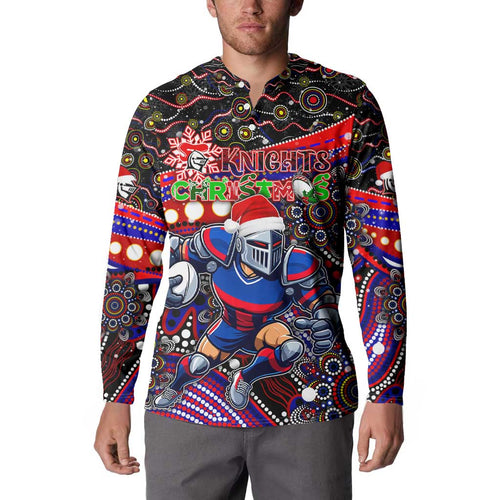 Merry Christmas Newcastle Knights Button Sweatshirt Aboriginal Santa Rugby Mascot - Novocastrians