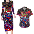 Merry Christmas Newcastle Knights Couples Matching Long Sleeve Bodycon Dress and Hawaiian Shirt Aboriginal Santa Rugby Mascot - Novocastrians