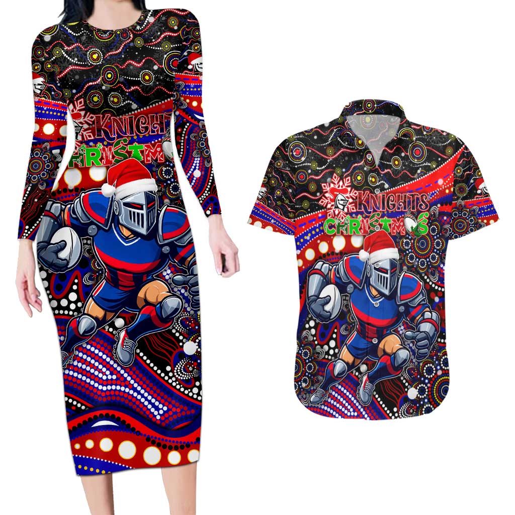 Merry Christmas Newcastle Knights Couples Matching Long Sleeve Bodycon Dress and Hawaiian Shirt Aboriginal Santa Rugby Mascot - Novocastrians