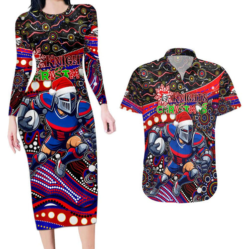 Merry Christmas Newcastle Knights Couples Matching Long Sleeve Bodycon Dress and Hawaiian Shirt Aboriginal Santa Rugby Mascot - Novocastrians
