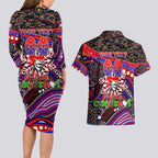 Merry Christmas Newcastle Knights Couples Matching Long Sleeve Bodycon Dress and Hawaiian Shirt Aboriginal Santa Rugby Mascot - Novocastrians