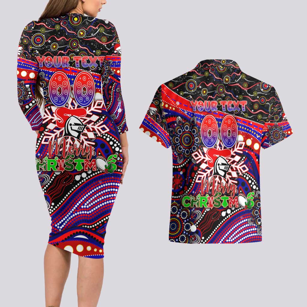 Merry Christmas Newcastle Knights Couples Matching Long Sleeve Bodycon Dress and Hawaiian Shirt Aboriginal Santa Rugby Mascot - Novocastrians