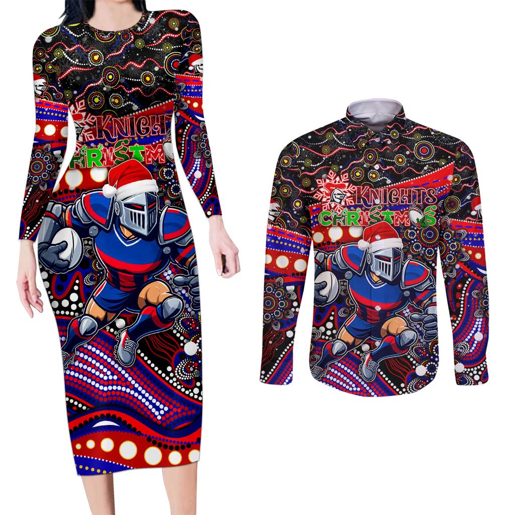 Merry Christmas Newcastle Knights Couples Matching Long Sleeve Bodycon Dress and Long Sleeve Button Shirt Aboriginal Santa Rugby Mascot - Novocastrians
