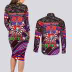 Merry Christmas Newcastle Knights Couples Matching Long Sleeve Bodycon Dress and Long Sleeve Button Shirt Aboriginal Santa Rugby Mascot - Novocastrians