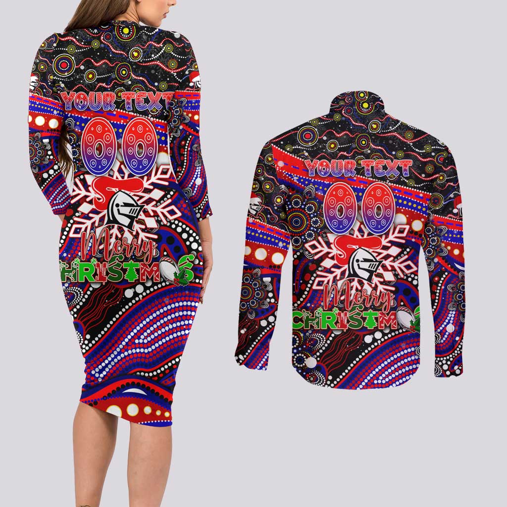 Merry Christmas Newcastle Knights Couples Matching Long Sleeve Bodycon Dress and Long Sleeve Button Shirt Aboriginal Santa Rugby Mascot - Novocastrians