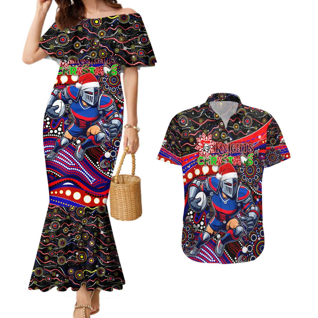 Merry Christmas Newcastle Knights Couples Matching Mermaid Dress and Hawaiian Shirt Aboriginal Santa Rugby Mascot - Novocastrians