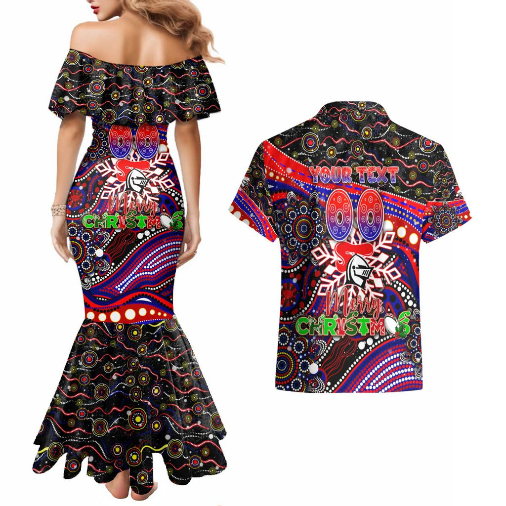 Merry Christmas Newcastle Knights Couples Matching Mermaid Dress and Hawaiian Shirt Aboriginal Santa Rugby Mascot - Novocastrians