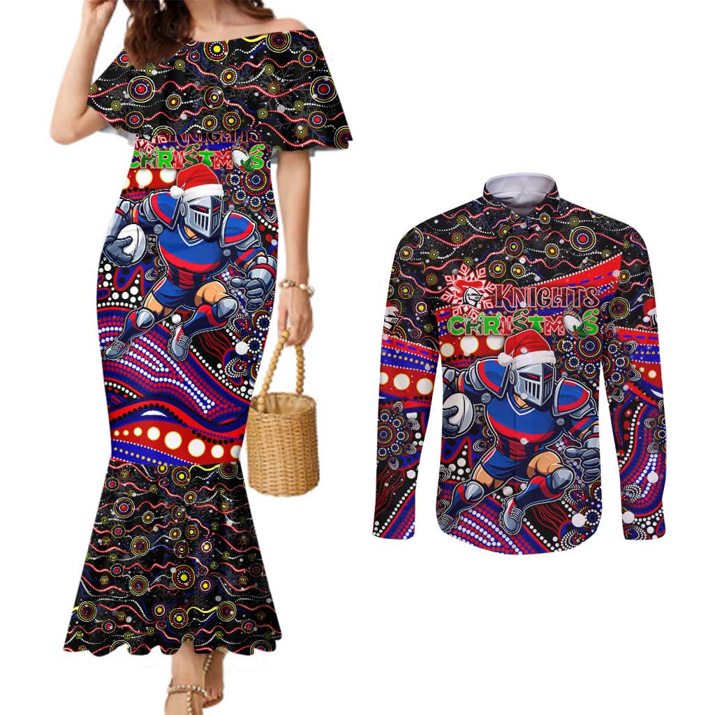 Merry Christmas Newcastle Knights Couples Matching Mermaid Dress and Long Sleeve Button Shirt Aboriginal Santa Rugby Mascot - Novocastrians