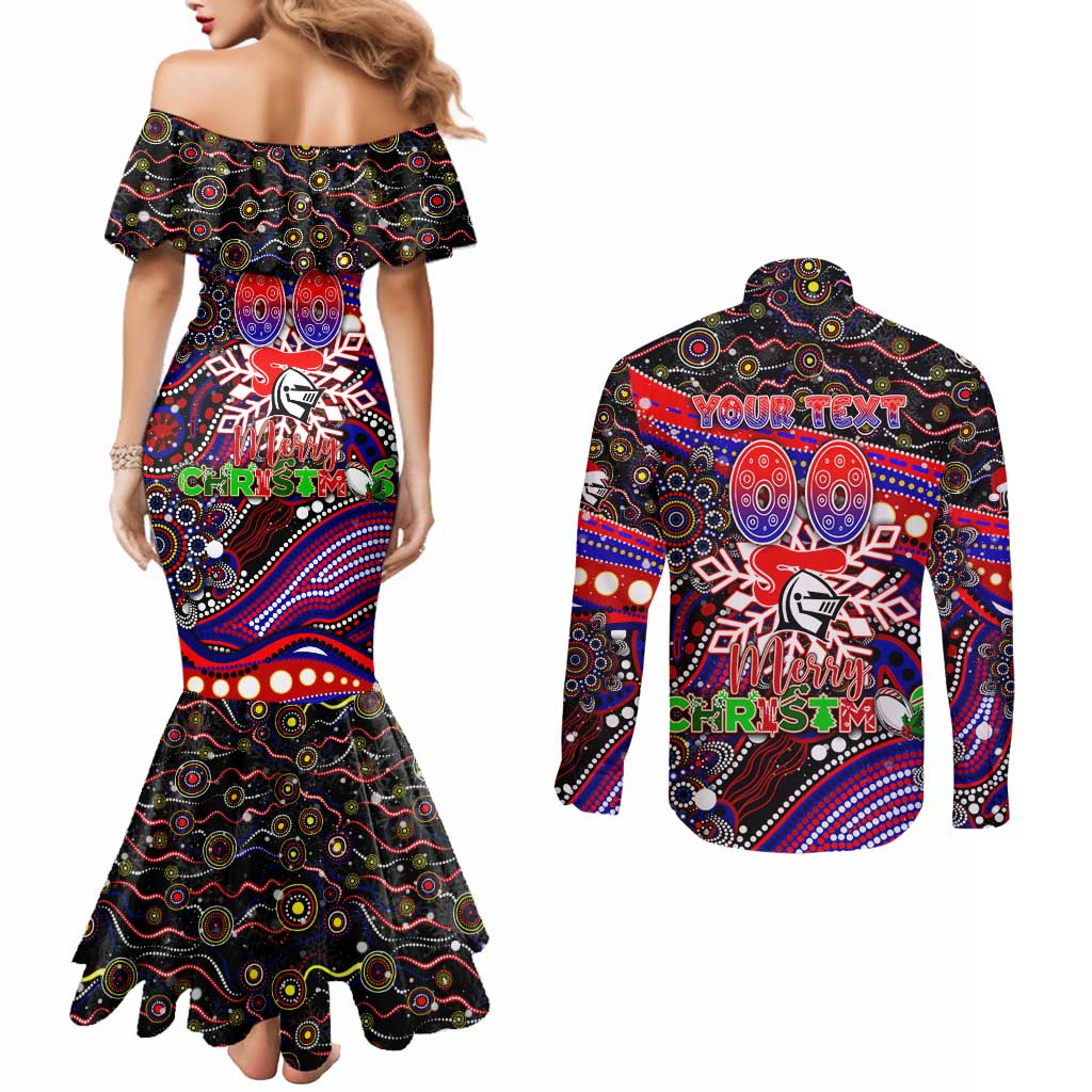 Merry Christmas Newcastle Knights Couples Matching Mermaid Dress and Long Sleeve Button Shirt Aboriginal Santa Rugby Mascot - Novocastrians