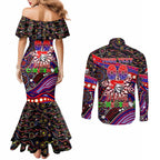 Merry Christmas Newcastle Knights Couples Matching Mermaid Dress and Long Sleeve Button Shirt Aboriginal Santa Rugby Mascot - Novocastrians