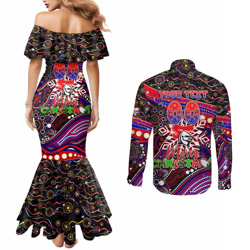 Merry Christmas Newcastle Knights Couples Matching Mermaid Dress and Long Sleeve Button Shirt Aboriginal Santa Rugby Mascot - Novocastrians
