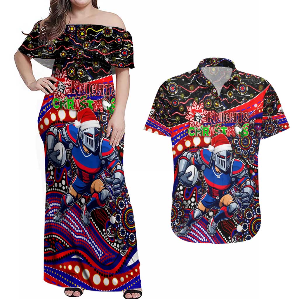 Merry Christmas Newcastle Knights Couples Matching Off Shoulder Maxi Dress and Hawaiian Shirt Aboriginal Santa Rugby Mascot - Novocastrians