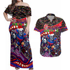 Merry Christmas Newcastle Knights Couples Matching Off Shoulder Maxi Dress and Hawaiian Shirt Aboriginal Santa Rugby Mascot - Novocastrians