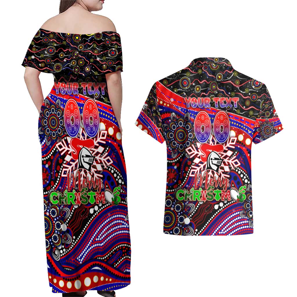 Merry Christmas Newcastle Knights Couples Matching Off Shoulder Maxi Dress and Hawaiian Shirt Aboriginal Santa Rugby Mascot - Novocastrians