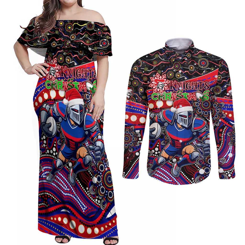 Merry Christmas Newcastle Knights Couples Matching Off Shoulder Maxi Dress and Long Sleeve Button Shirt Aboriginal Santa Rugby Mascot - Novocastrians