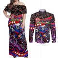 Merry Christmas Newcastle Knights Couples Matching Off Shoulder Maxi Dress and Long Sleeve Button Shirt Aboriginal Santa Rugby Mascot - Novocastrians