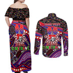 Merry Christmas Newcastle Knights Couples Matching Off Shoulder Maxi Dress and Long Sleeve Button Shirt Aboriginal Santa Rugby Mascot - Novocastrians