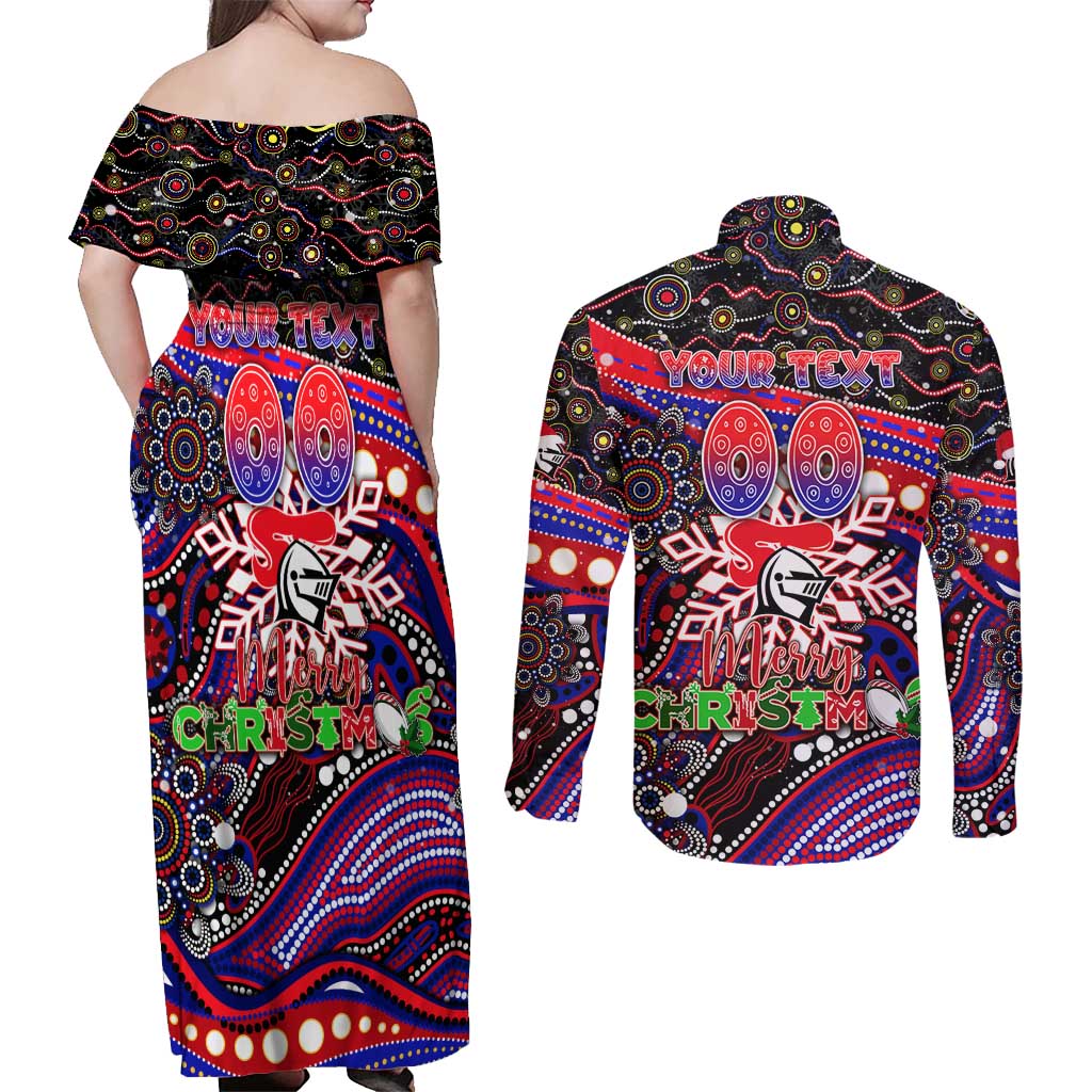 Merry Christmas Newcastle Knights Couples Matching Off Shoulder Maxi Dress and Long Sleeve Button Shirt Aboriginal Santa Rugby Mascot - Novocastrians