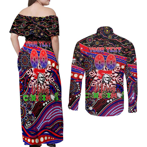 Merry Christmas Newcastle Knights Couples Matching Off Shoulder Maxi Dress and Long Sleeve Button Shirt Aboriginal Santa Rugby Mascot - Novocastrians