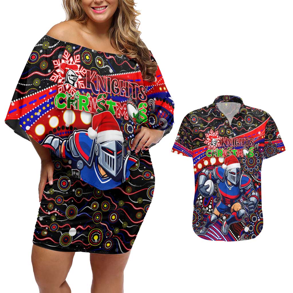 Merry Christmas Newcastle Knights Couples Matching Off Shoulder Short Dress and Hawaiian Shirt Aboriginal Santa Rugby Mascot - Novocastrians