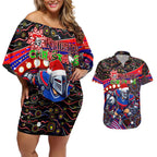 Merry Christmas Newcastle Knights Couples Matching Off Shoulder Short Dress and Hawaiian Shirt Aboriginal Santa Rugby Mascot - Novocastrians