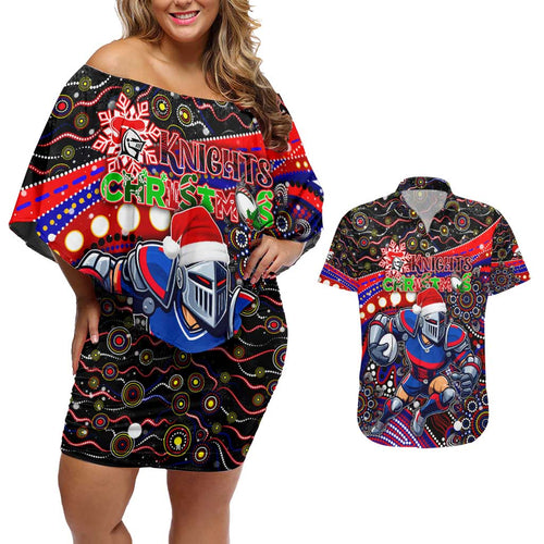 Merry Christmas Newcastle Knights Couples Matching Off Shoulder Short Dress and Hawaiian Shirt Aboriginal Santa Rugby Mascot - Novocastrians