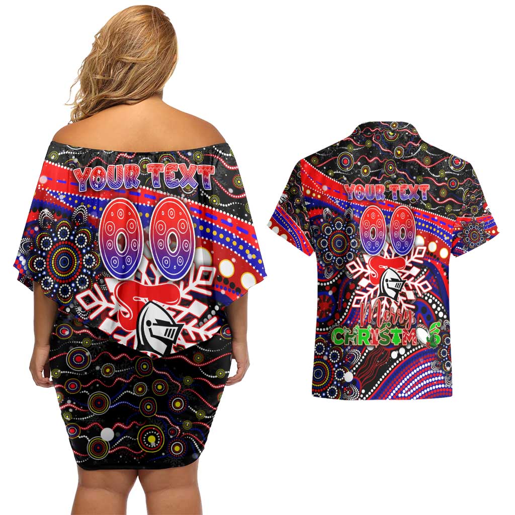 Merry Christmas Newcastle Knights Couples Matching Off Shoulder Short Dress and Hawaiian Shirt Aboriginal Santa Rugby Mascot - Novocastrians