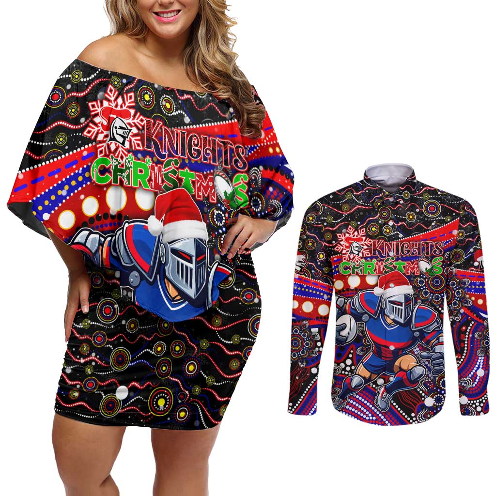 Merry Christmas Newcastle Knights Couples Matching Off Shoulder Short Dress and Long Sleeve Button Shirt Aboriginal Santa Rugby Mascot - Novocastrians