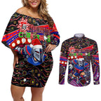 Merry Christmas Newcastle Knights Couples Matching Off Shoulder Short Dress and Long Sleeve Button Shirt Aboriginal Santa Rugby Mascot - Novocastrians