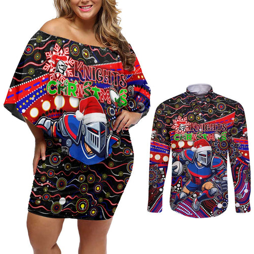 Merry Christmas Newcastle Knights Couples Matching Off Shoulder Short Dress and Long Sleeve Button Shirt Aboriginal Santa Rugby Mascot - Novocastrians
