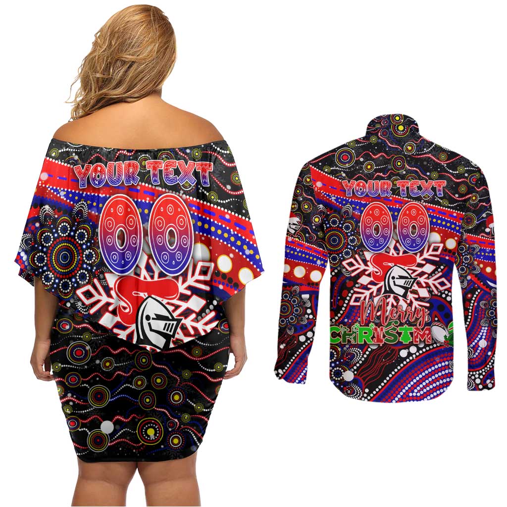 Merry Christmas Newcastle Knights Couples Matching Off Shoulder Short Dress and Long Sleeve Button Shirt Aboriginal Santa Rugby Mascot - Novocastrians