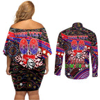 Merry Christmas Newcastle Knights Couples Matching Off Shoulder Short Dress and Long Sleeve Button Shirt Aboriginal Santa Rugby Mascot - Novocastrians