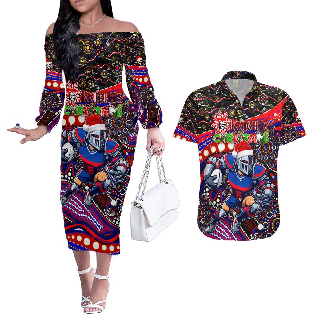 Merry Christmas Newcastle Knights Couples Matching Off The Shoulder Long Sleeve Dress and Hawaiian Shirt Aboriginal Santa Rugby Mascot - Novocastrians