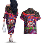 Merry Christmas Newcastle Knights Couples Matching Off The Shoulder Long Sleeve Dress and Hawaiian Shirt Aboriginal Santa Rugby Mascot - Novocastrians