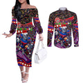 Merry Christmas Newcastle Knights Couples Matching Off The Shoulder Long Sleeve Dress and Long Sleeve Button Shirt Aboriginal Santa Rugby Mascot - Novocastrians
