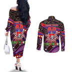 Merry Christmas Newcastle Knights Couples Matching Off The Shoulder Long Sleeve Dress and Long Sleeve Button Shirt Aboriginal Santa Rugby Mascot - Novocastrians