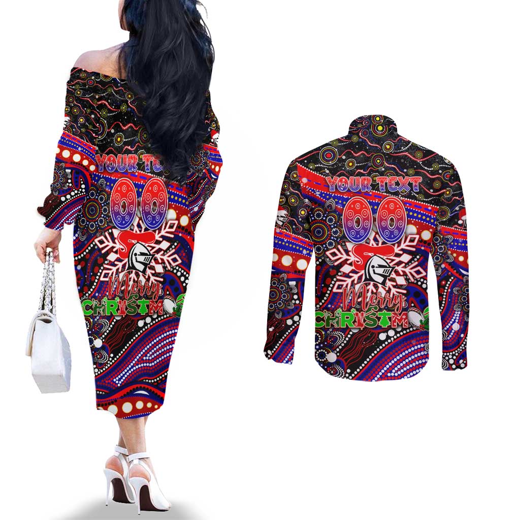 Merry Christmas Newcastle Knights Couples Matching Off The Shoulder Long Sleeve Dress and Long Sleeve Button Shirt Aboriginal Santa Rugby Mascot - Novocastrians