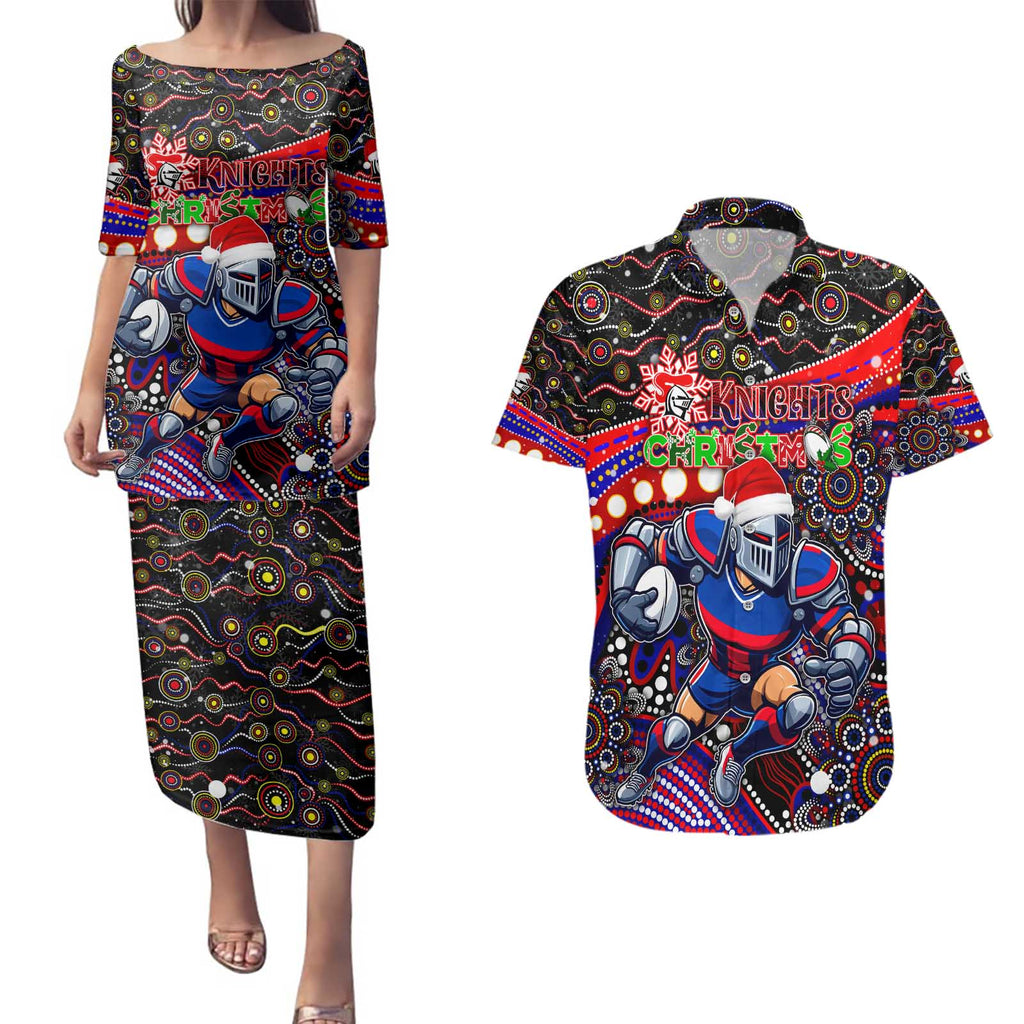 Merry Christmas Newcastle Knights Couples Matching Puletasi and Hawaiian Shirt Aboriginal Santa Rugby Mascot - Novocastrians