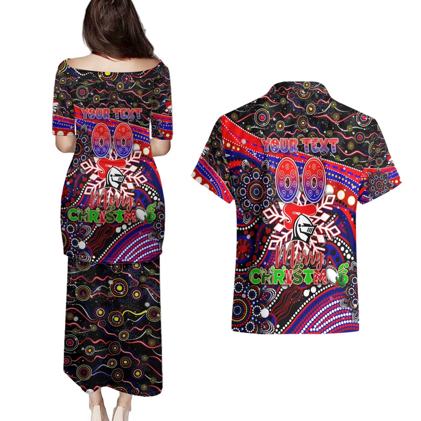 Merry Christmas Newcastle Knights Couples Matching Puletasi and Hawaiian Shirt Aboriginal Santa Rugby Mascot - Novocastrians