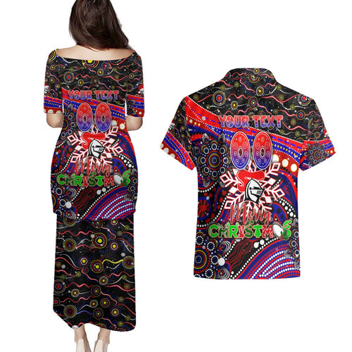 Merry Christmas Newcastle Knights Couples Matching Puletasi and Hawaiian Shirt Aboriginal Santa Rugby Mascot - Novocastrians