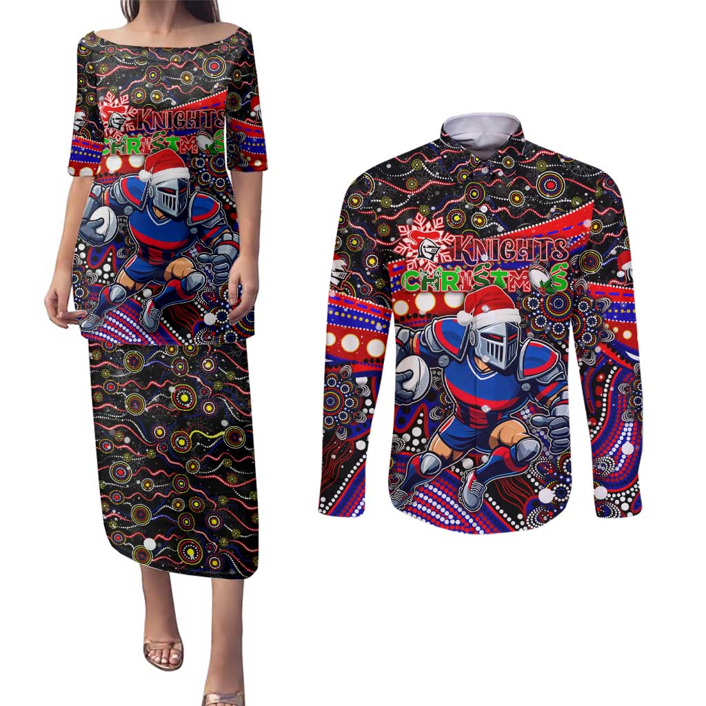 Merry Christmas Newcastle Knights Couples Matching Puletasi and Long Sleeve Button Shirt Aboriginal Santa Rugby Mascot - Novocastrians