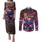 Merry Christmas Newcastle Knights Couples Matching Puletasi and Long Sleeve Button Shirt Aboriginal Santa Rugby Mascot - Novocastrians