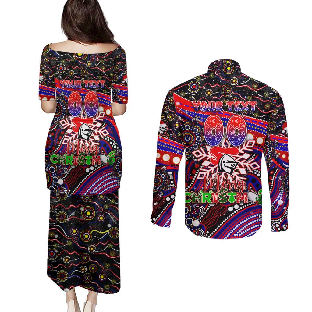 Merry Christmas Newcastle Knights Couples Matching Puletasi and Long Sleeve Button Shirt Aboriginal Santa Rugby Mascot - Novocastrians