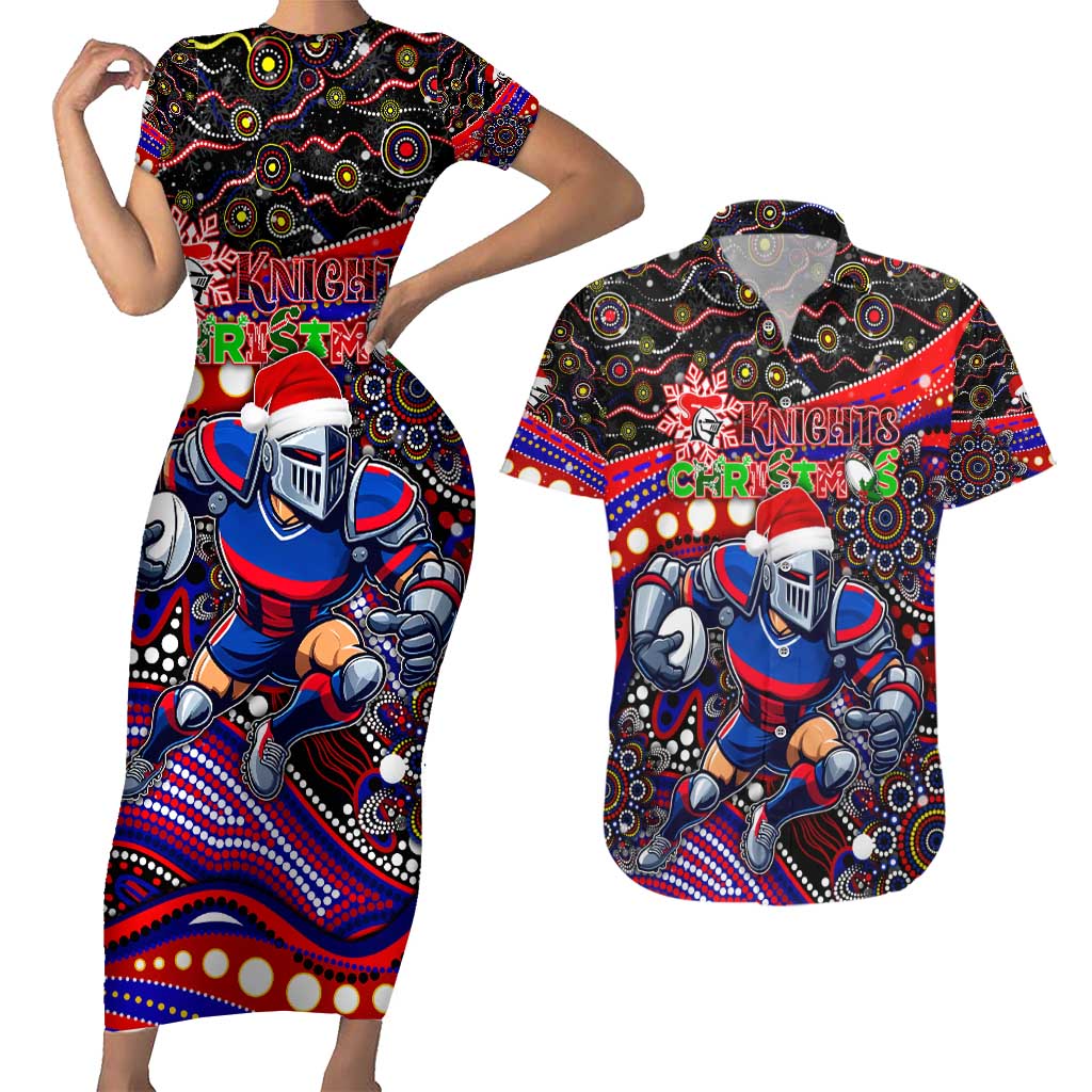 Merry Christmas Newcastle Knights Couples Matching Short Sleeve Bodycon Dress and Hawaiian Shirt Aboriginal Santa Rugby Mascot - Novocastrians