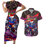 Merry Christmas Newcastle Knights Couples Matching Short Sleeve Bodycon Dress and Hawaiian Shirt Aboriginal Santa Rugby Mascot - Novocastrians