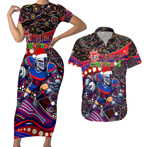 Merry Christmas Newcastle Knights Couples Matching Short Sleeve Bodycon Dress and Hawaiian Shirt Aboriginal Santa Rugby Mascot - Novocastrians